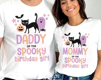 Mommy of the Spooky Girl Birthday Shirts Daddy Spooky One Two Spooky Family Halloween Birthday Shirts Toddler 2nd 3rd 1st Birthday Black Cat