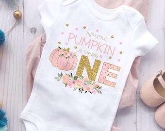 This Little Pumpkin Is Turning One Onsie Pink Gold 1st Birthday Girl Outfit October Birthday Party Shirts This Little Pumpkin Is One Shirt
