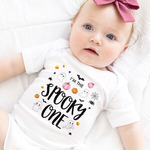 Spooky One Girl Birthday Outfit Cute Pink Booday Girl Spooky One Outfit 1st Boo Day Shirt Spooky One Birthday Party Girl Spookyone Onsie Tee boo day halloween themed October bday girly ghost pumpkin mama tshirt t-shirt top clothes apparel matching