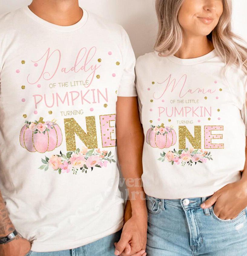 Mommy of The Little Pumpkin Girl 1st Birthday Family Shirts Pumpkin First Birthday Outfit Pink Gold Parents of the One Birthday Girl Tshirt
