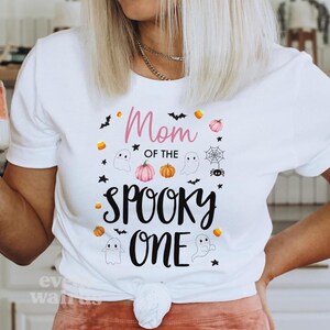 Spooky One Girl Birthday Outfit Cute Pink Booday Girl Spooky One Outfit 1st Boo Day Shirt Spooky One Birthday Party Girl Spookyone Onsie Tee boo day halloween themed October bday girly ghost pumpkin mama tshirt t-shirt top clothes apparel matching