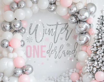 Pink and Silver 1st Birthday Winter Onederland Banner, Winter ONEderland Backdrop, Pink Onederland, Girls Winter Birthday Wall Decorations