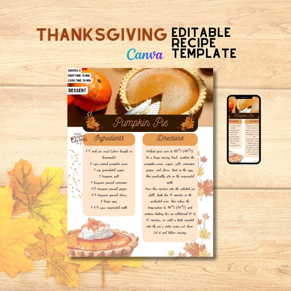 Thanksgiving Recipe Template - Editable Digital Recipe Card - Holiday Cooking - DIY Recipe Planner - Recipe Binder - Instant Download