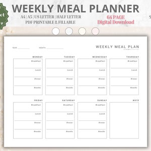 Meal Planner Printable, Weekly Food Diary, Digital Meal Planner, USLetter/Half/A4/A5, Daily Meal Planner, Printable & Fillable, Meal Plan