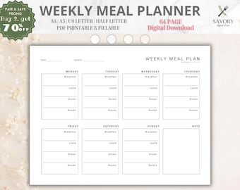 Meal Planner Printable, Weekly Food Diary, Digital Meal Planner, USLetter/Half/A4/A5, Daily Meal Planner, Printable & Fillable, Meal Plan