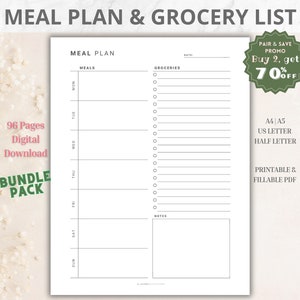 Meal Planner Printable with Grocery List, Digital Meal Planner, Grocery List, Weekly Planner Bundle, Digital Template, Size USL/Half/A4/A5