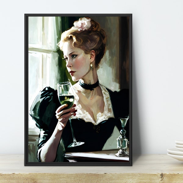 Canvas Wall Art, Woman Drinking Wine Digital Wall Art Printable, Digital Download, Vintage Food&Drink Poster, Original Prints Manet Style