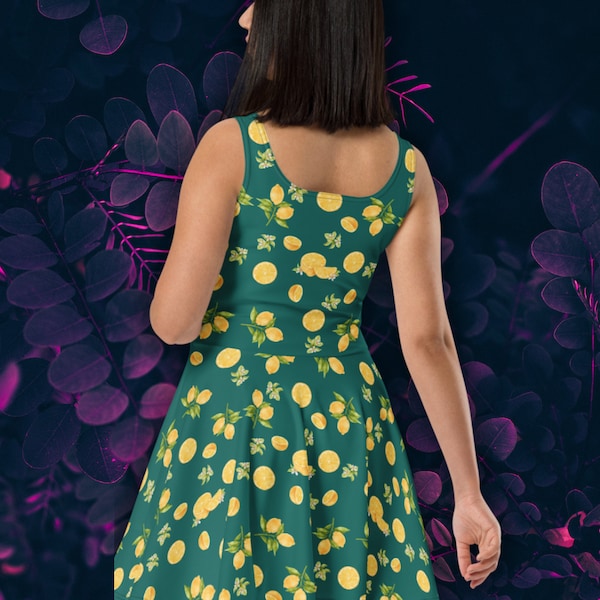 Skater Dress Dark Teal Lemon Print Dress Citrus Pattern Dress Summer Fashion Sundress Gift for Gardener