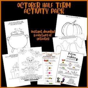 Op de afbeelding: Een printbaar Halloween-activiteitenpakket met kleurplaten, een speurtocht en een toverdrank-maakactiviteit. Het pakket bevat afbeeldingen van een ketel, een vleermuis, een pompoen, een spook en een heks.