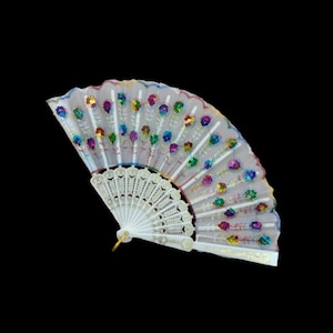White Festival Fan | Folding Hand Fan for Raves & Parties | Lightweight Fan | EDM Accessory | Performance Prop | Drag Fan | Rainbow Fan