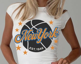 Top corto della squadra di basket di New York / Maglietta blu e arancione per il giorno della partita / Maglietta sportiva alla moda da donna