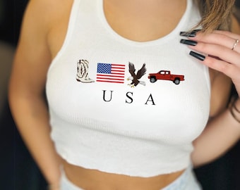 USA Patriotic Crop Top: 4th of July Red White & Blue Ribbed Tank