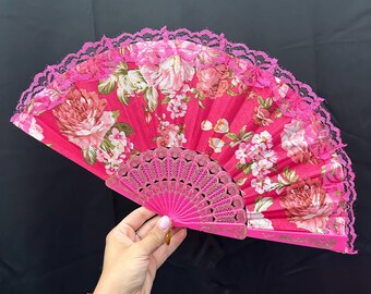 Pink Floral Lace Folding Fan: Rave EDM Dance Accessory