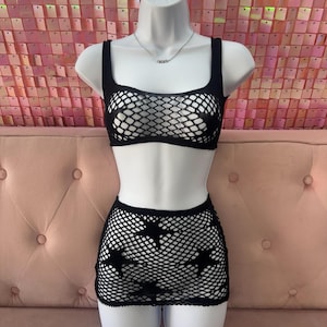 Conjunto de rejilla negra para rave / Conjunto sexy para festival / Conjunto transparente para club / Conjunto de rave ajustado con estrellas transparentes / Conjunto EDM con recortes