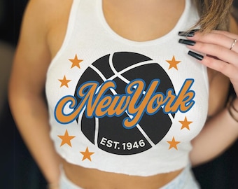 Top corto della squadra di basket di New York / Maglietta blu e arancione per il giorno della partita / Maglietta sportiva alla moda da donna