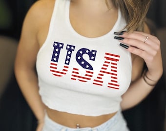 USA Patriotic Crop Top: 4th of July Red White & Blue Ribbed Tank