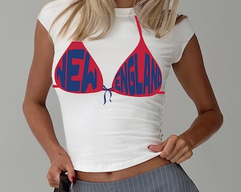 New England Bikini Graphic Tee | Blue & Red Football Game Day Crop Top | Funny Tailgate Party Shirt