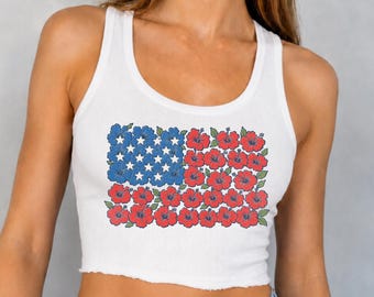 American Flag Floral Crop Top: Patriotic 4th of July USA Graphic