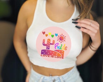 Pride Love Is Love Cropped Tank Top: Rainbow Cactus LGBTQ+ Shirt