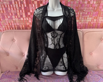 Black Lace Fringe Pashmina: Sheer Boho Festival Wrap