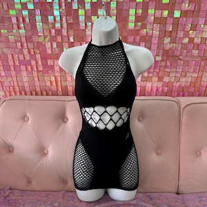 Vestido rave negro con aberturas de rejilla / Minivestido halter de malla transparente / Conjunto sexy para festival / Vestido ajustado transparente / Ropa de club