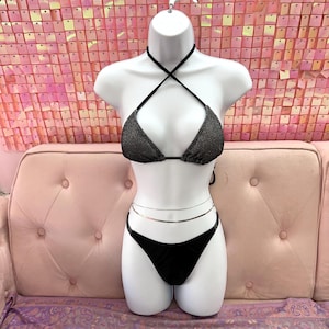 Sparkly Black Bikini Set | Triangle Top & Bottom | Festival Swimwear | Glitter Bikini