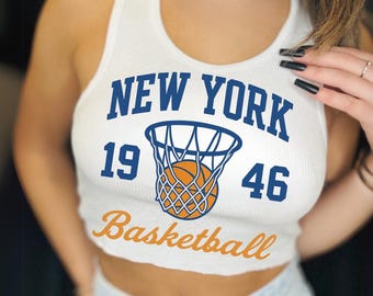 Top corto della squadra di basket di New York / Maglietta blu e arancione per il giorno della partita / Maglietta sportiva alla moda da donna