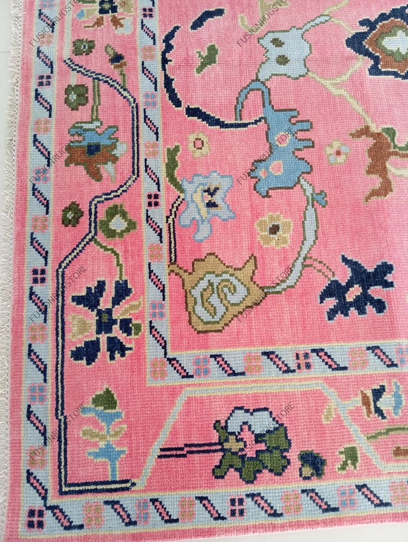 May include: A close-up of a pink rug with a detailed floral pattern. The rug features a border with light blue and navy blue accents. The design includes various floral and geometric shapes in shades of blue, green, and tan.
