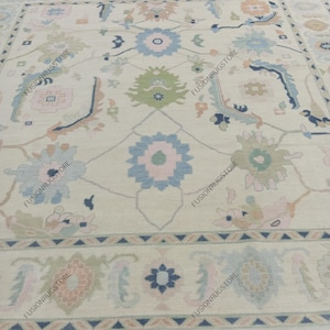 Hand Knotted Ivory Pastel Oushak Rug | Turkish Wool Oriental Carpet | Soft Pink Blue Green 5x8 8x10 9x12 10x14 Area Rug