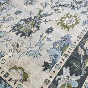 Modern Grey Oushak Rug, Colorful Rug, 8x10 blue ,Gray and green Persian Rug, Vibrant Ivory   Rug, Kids, Living Room Rug, 5x8, 6x9, 9x12