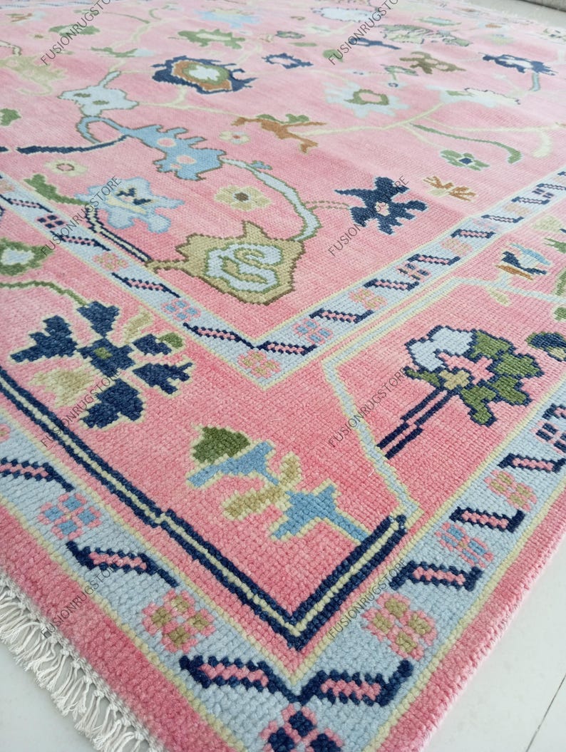 May include: A close-up of a pink rug with a detailed floral pattern. The rug features a central field of pink with blue, green, and brown floral motifs. The border is a darker pink with a geometric design and a light blue accent. The rug has a fringe.