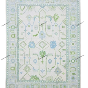 Hand-Knotted Green White Oushak Rug – Made to Order in Any Size! Geometric Wool Area Rug, Muted Sage Carpet, Modern Vintage 9x12 10x14 ft