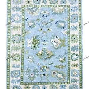 9X12 Blue And Green Rug, Oushak Rug With Ivory, Olive Green & Light Pink Motifs: Modern Coastal Comfort Area Rug 8x10 10x14 and 12x15