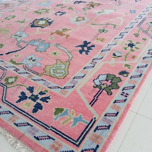 May include: A pink area rug with a floral pattern. The rug features a central field of pink with blue, green, and brown floral motifs. A border of light blue and navy blue frames the rug, with a fringe along one edge.
