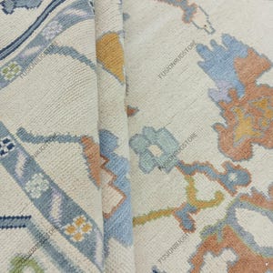 Hand Knotted Ivory colourful Oushak Rug | Turkish Wool Oriental Carpet | Blue Orange Purple Vintage 5x8 8x10 9x12 10x14 Area Rug