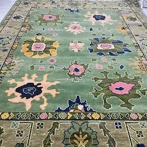 9x12 Vintage Oushak Area Rug, Bohemian, Handmade Wool Rug, Green Floral Carpet,Rug for Living Gift for Home, Farmhouse Decorroom.