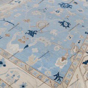 Blue Cream High Quality Hand Knotted Modern Oushak Rug Premium Wool Hand Knotted Turkish Inspired, Available in all sizes.
