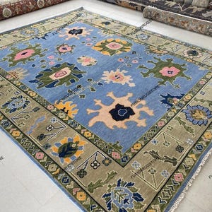 9X12 Sky Blue beige with pink and green Oushak Made to Order (In Any Size!!!!!) Geometric Knotted Modern Oushak rug/ large area rug/pastel