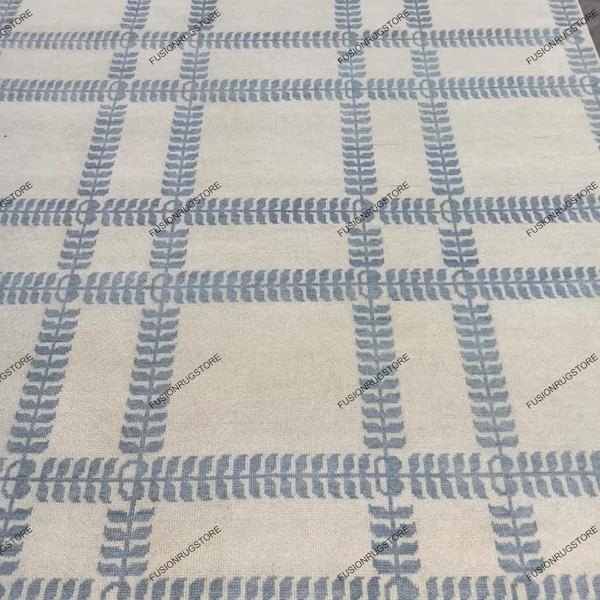 Modern Turks blauw met crème Oushak Op bestelling gemaakt (in elke maat!) Geometrisch geknoopt modern Oushak-tapijt/ groot oppervlak/salie/gedempt oushak-tapijt..