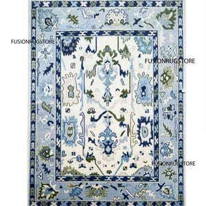 Light blue Oushak Rug with Olive Green Motifs: Modern Coastal Comfort Rug for any Room, Interior and offices available in 9x12 10x14 n 12x15