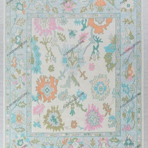 Cream Light Blue-Turquoise Colorful Modern Premium Oushak Hand Knotted High Quality Wool Turkish Inspired Oushak Style Customize in Any Size