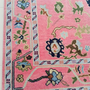 May include: A close-up of a pink rug with a detailed floral pattern. The rug features a light blue border with a repeating design and accents of green, navy, and beige. The rug has a fringe along the bottom edge.