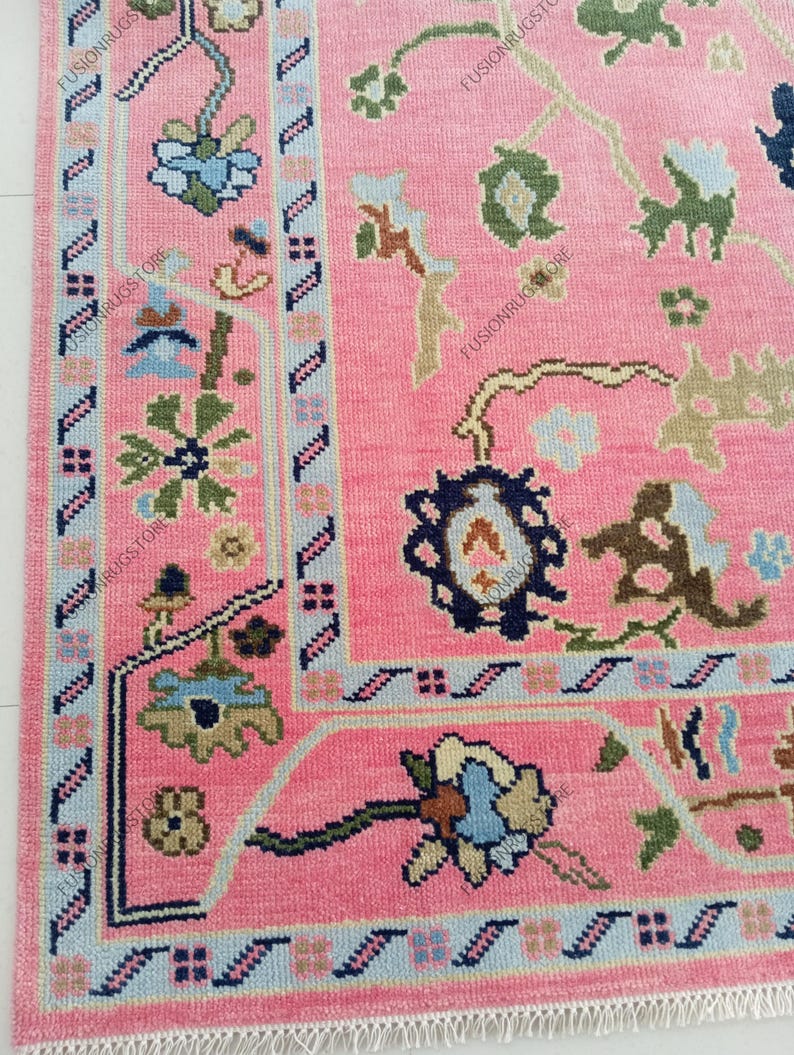 May include: A close-up of a pink rug with a detailed floral pattern. The rug features a light blue border with a repeating design and accents of green, navy, and beige. The rug has a fringe along the bottom edge.