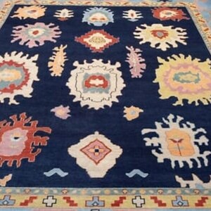 8X10 Large area Blue with Sky Blue border Oushak Made to Order Geometric Knotted Modern Oushak rug/large area rug/pastel/vintage.
