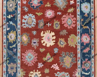 Oversize Red and Blue Turkish Rug: Hand-Knotted Wool Area Rug (9'X12')