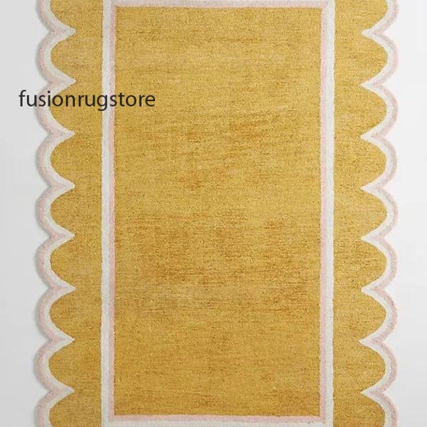 Scallop Hand tufted handmade Yellow white color wool rug for any room living room/bedroom/dining hall Carpet/kids room available in all size