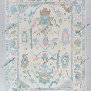 Ivory Blue Colorful Modern Oushak Rug Premium Wool Hand Knotted Turkish Inspired, CUSTOMIZE In any size
