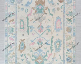 Ivory Blue Colorful Modern Oushak Rug Premium Wool Hand Knotted Turkish Inspired, CUSTOMIZE In any size