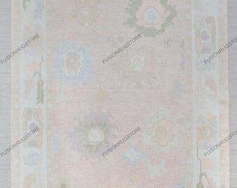 Light Pink Light Blue Muted Modern Oushak Rug Premium Wool Hand Knotted Turkish Inspired, floral Blossom CUSTOMIZE in any size..