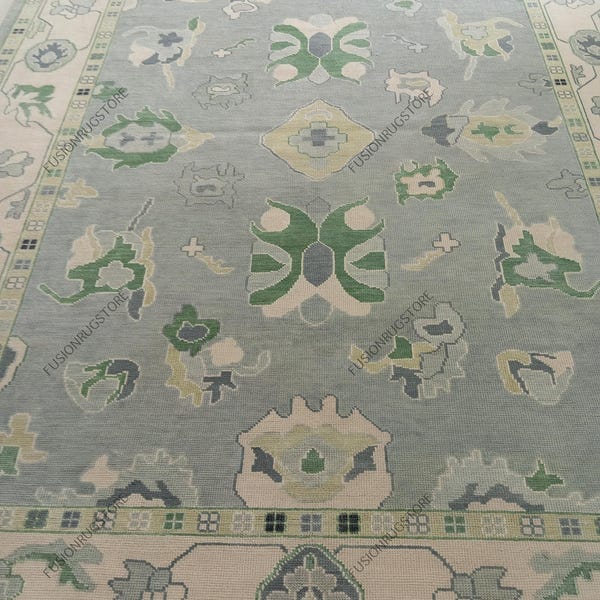 Hand Knotted light blue Oushak Rug | Turkish Wool Oriental Carpet | Green Beige Blue Vintage 5x8 8x10 9x12 10x14 Area Rug
